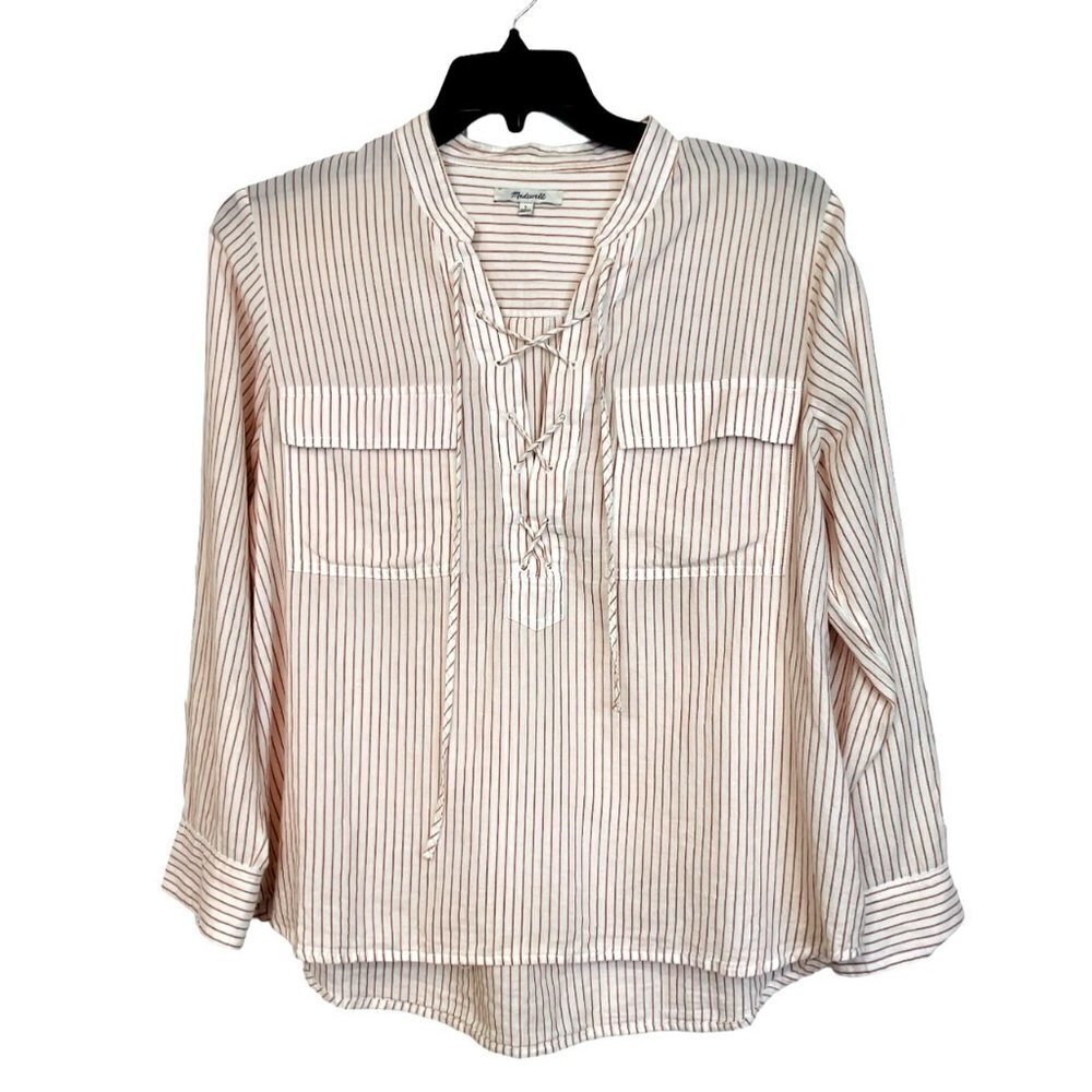 MADEWELL Terrace Lace-Up Shirt‎ Vera Stripe Women's Large White Red Cotton G4897